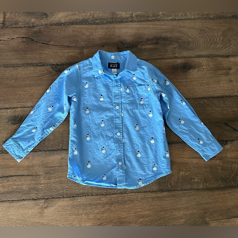 Boys 5t collared snowman button down
